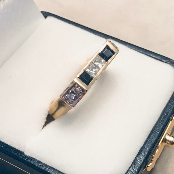 Solid 14K Yellow Gold Diamond & Sapphire Ring - Picture 4 of 16